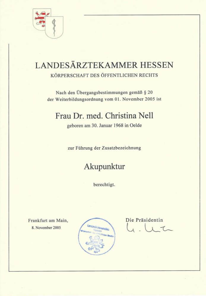 Kinderwunschpraxis, IVF, Urkunde Zusatzausbildung Akupunktur