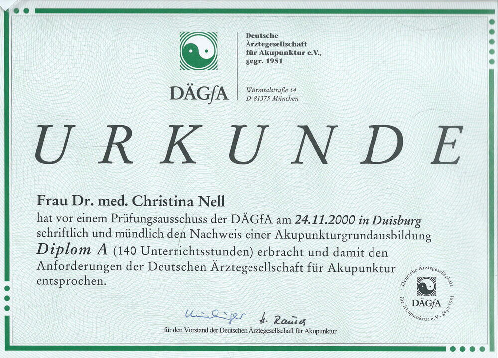 Kinderwunschpraxis, IVF, Urkunde Aukupunkturgrundausbildung